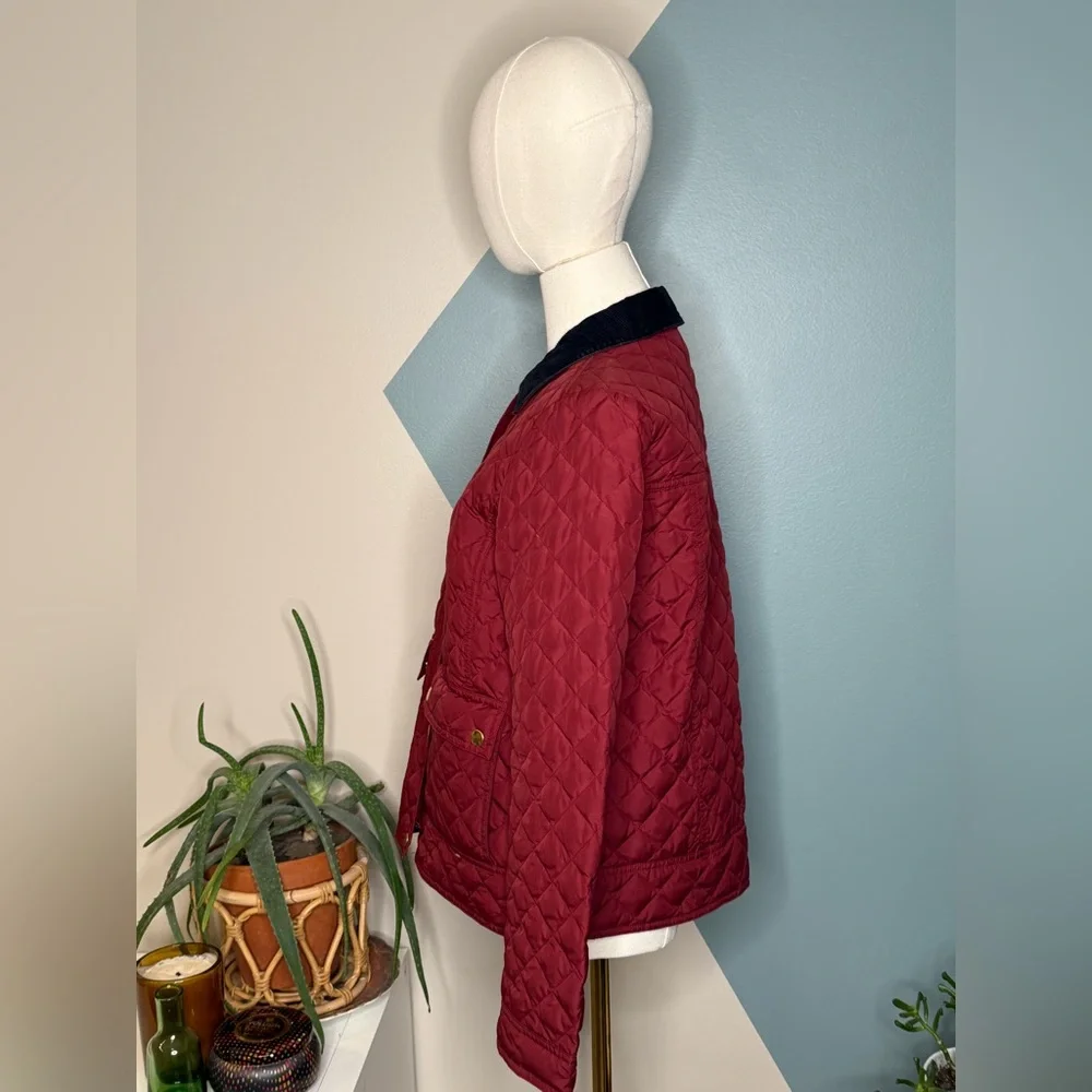 J.Crew Quilted Down Barn Jacket Corduroy Collar Wine Red Field Coat Woman’s S - Picture 4 of 12
